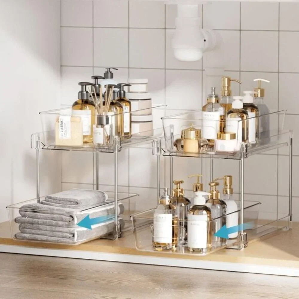 New 4-Pack 2-Tier Bathroom Organizer, Clear Under Sink & Cabinet Storage Bins